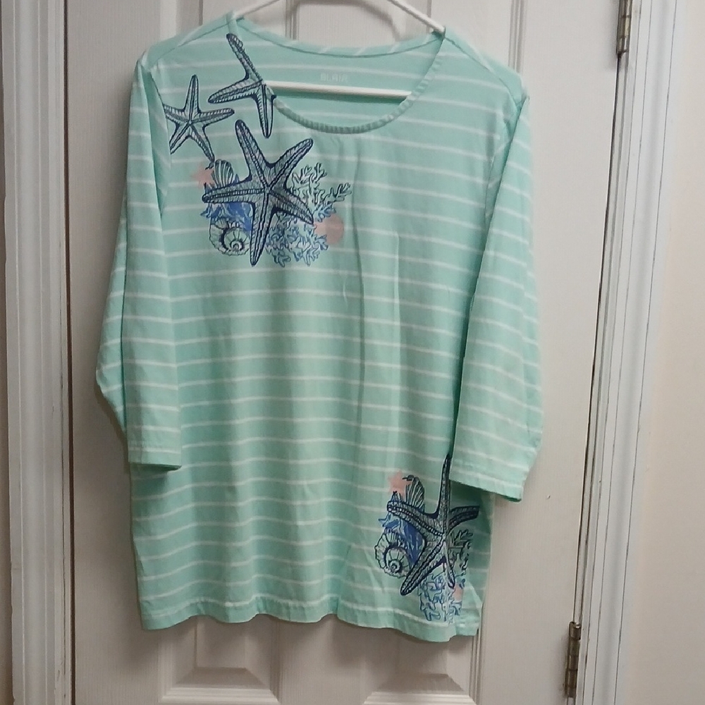 Blair Mint Green Striped Starfish 3/4 Length Sleeved Top Size XL
